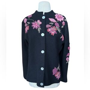1990s Catherine Stewart 100% Wool Raised‎ Floral Embroidered Cardigan
